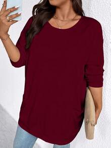 EMERY ROSE Plus Size Women Casual Solid Color Pocket Long Sleeve T-Shirt - Burgundy - View 4