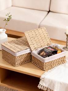 3件/2件/1件带盖桌面编织收纳篮，可用于存放化妆品、钥匙、零食，适用于客厅、走廊、家居装饰、工艺盒、结婚礼物装饰篮，适合返校季节。 - 杏色 - 查看 3