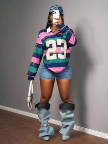 Slaydiva 2025秋冬新款街头休闲宽松撞色条纹拼接POLO领长袖女式T恤，适合派对、锐舞派对、万圣节、夜店、性感夜店、早午餐、街头时尚、日常出行、返校、运动等场合。 - 彩色 - 查看 3