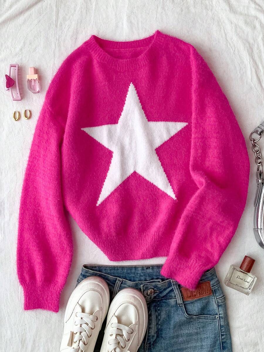 SHEIN Teen Girl Star Pattern Round Neck Drop Shoulder Sweater, Casual Everyday Wear, Autumn/Winter - Pink - View 1