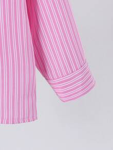 SHEIN 1 件女童翻领长袖纽扣条纹衬衫，正面绣有图案，秋季休闲上衣 - 粉色 - 查看 3