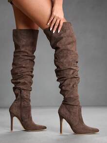 CUCCOO SZL Women's Slim Heel High Heel Deep Brown Autumn/Winter Boots, Sexy Party/Dance Boots, Wide Leg Boots, Pleated Boots, Thigh High Boots, Suede For Christmas Valentine's Day - Coffee Brown - View 3