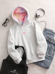 青少年女孩休闲街头豹纹仿皮草帽，五角星和豹纹图案，适合街头风格，连帽运动衫