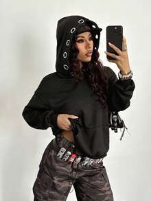 StreetHx Women's Oversized Casual Streetwear Punk Rock Y2K Sweatshirt With Black, Silver Metal Ring Hollow Eyelet Decor, Versatile College Style