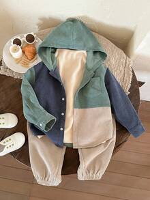 LMoss Kids 2 件套男童灯芯绒拼接连帽夹克和松紧腰裤套装，秋冬 - 彩色 - 查看 5