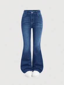 SHEIN Girlism 青少年女孩露肩刺绣口袋休闲百搭喇叭牛仔裤 - 深色水洗藍 - 查看 2