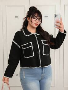 SHEIN EZwear Große Größen Farbblock Taschen Lässig Tweed Jacke, Herbst/Winter - Schwarz und Weiss - Übersicht 7