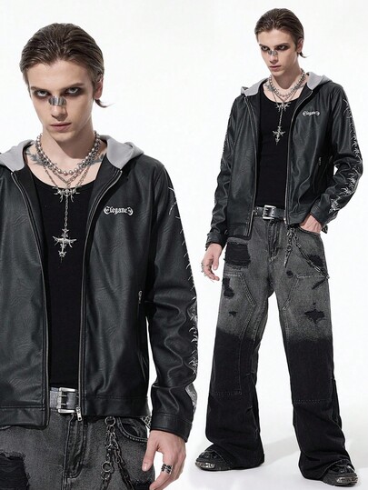 Street Life Men's Fashion Street Skeleton Letter Print Zip-Up Contrast Color Hooded PU Leather Jacket, Autumn, Grunge