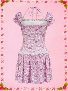 HELLO KITTY AND FRIENDS | SHEIN Women's Sweet Cat Print Contrast Lace Frill Trim Dress - Baby Pink - View 2