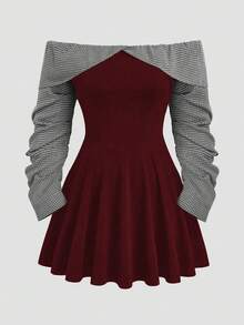 Sweetra Đầm suông dài tay hở vai họa tiết kẻ caro 2 trong 1 cỡ lớn - Màu Đỏ Sâu - Xem 1