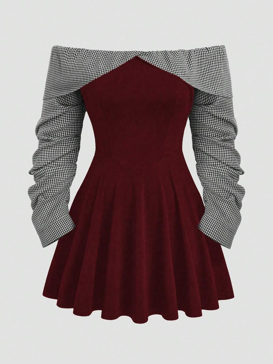 Sweetra Đầm suông dài tay hở vai họa tiết kẻ caro 2 trong 1 cỡ lớn - Màu Đỏ Sâu - Xem 1
