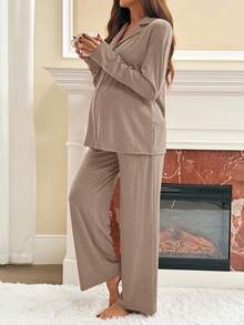 SHEIN 2pcs Maternity Solid Color Button Front Long Sleeve Top And Pants Set Loungewear Women Sleep Wear Women Maternity Sets 2 Piece Lounge Sets Woman Maternity Clothes Two Piece Suits - Khaki - View 3