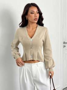 SHEIN PETITE Women's Light Brown Knit Sweater, Casual Elegant Version, Waist-Cinching Slimming, Suitable For Autumn/Winter Daily Wear,Thanksgiving - Brown - View 8