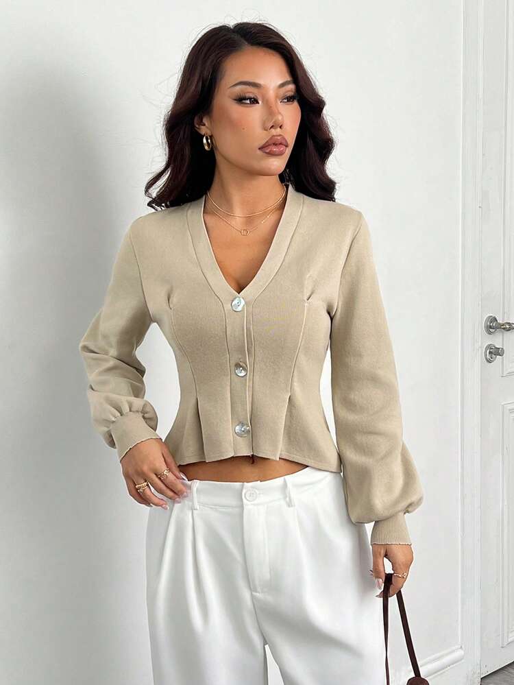 SHEIN PETITE Suéter de Tricô Marrom Claro Feminino, Versão Elegante Casual, Cintura Afunilada Emagrecedora, Adequado para Uso Diário no Outono/Inverno, Ação de Graças - Castanho - Visão 8