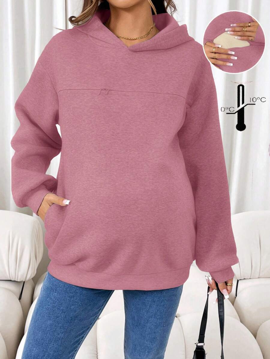 SHEIN 孕婦哺乳純色保暖內裡連帽衫,秋冬保暖女款運動套頭衫 粉色連帽衫 女款連帽衫 連帽衫 - 粉色 - 查看 1