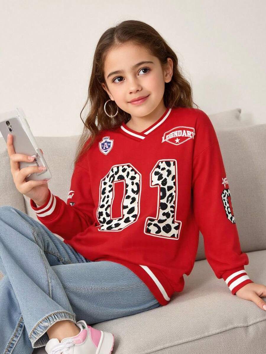SHEIN Tween Girl Red Casual Pullover Sweatshirt, Suitable For Back To School, Children's Casual Wear, Opening Ceremony, Daily Wear, School, Travel, Autumn, Christmas - Red - View 1