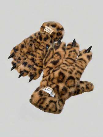 Goth 1 Pair Y2K Retro Furry Leopard Print Claw Gloves, Fashionable & Minimalist, Suitable For Performance, Party, Gathering, Autumn/Winter