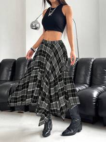 SHEIN EZwear 大码不对称下摆棕色半身裙，初秋 - 黑與白 - 查看 5