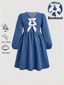 SHEIN 女童超大白色蝴蝶结点缀蓝色牛仔泡泡袖宽松连衣裙 - 中等水洗藍 - 查看 4