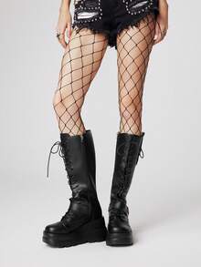 ROMWE Grunge Punk Giày bốt cao đến đầu gối, đế dày PU phong cách Gothic thời trang 2025, giày bốt đi xe máy, giày bốt cao gót đế xuồng, ống chân thon cho mùa thu/xuân - màu đen - Xem 2