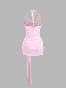 Sweetra Y2K Sexy Turtleneck Metal Buckle Pleated Backless Halter Mini Dress - Pink - View 2