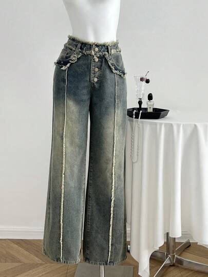 Elamini 女式休闲水洗磨边直筒牛仔裤