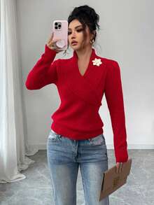 Elenzga Women's Elegant Casual Commuter Fashion Folded Collar Long Sleeve Decorative Button Knit Sweater, Autumn/Winter - Red - View 4