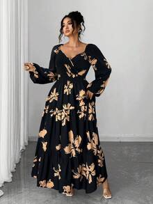 Elenzga Váy maxi chữ A dài tay bồng, cổ bèo nhún họa tiết hoa cỡ lớn, thắt eo nhiều lớp, thanh lịch và đa năng cho cả trang phục công sở và thường ngày - màu đen - Xem 5