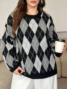 Modelyn Suéter holgado de punto con patrón de diamantes, efecto estilizante, talla grande, estilo casual, otoño/invierno - Gris - Ver 5