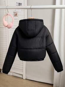 Sparklyn 少女休闲短款连帽棉衣，保暖内衬，宽松版型，舒适，适合秋冬季日常穿着、户外、派对、拍照 - 黑色 - 查看 2