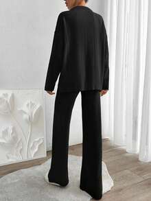 SHEIN Cottnline Women Solid Color Rib Knit Sweater & Sweater Pants Set - Black - View 3