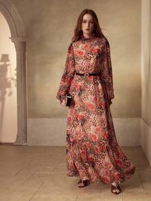 MOTF PREMIUM WOMEN'S ROSE & LEOPARD PRINT ELEGANT DRESS WITH FAUX PEARL BELT, SUITABLE FOR VACATION - Brown - View 6