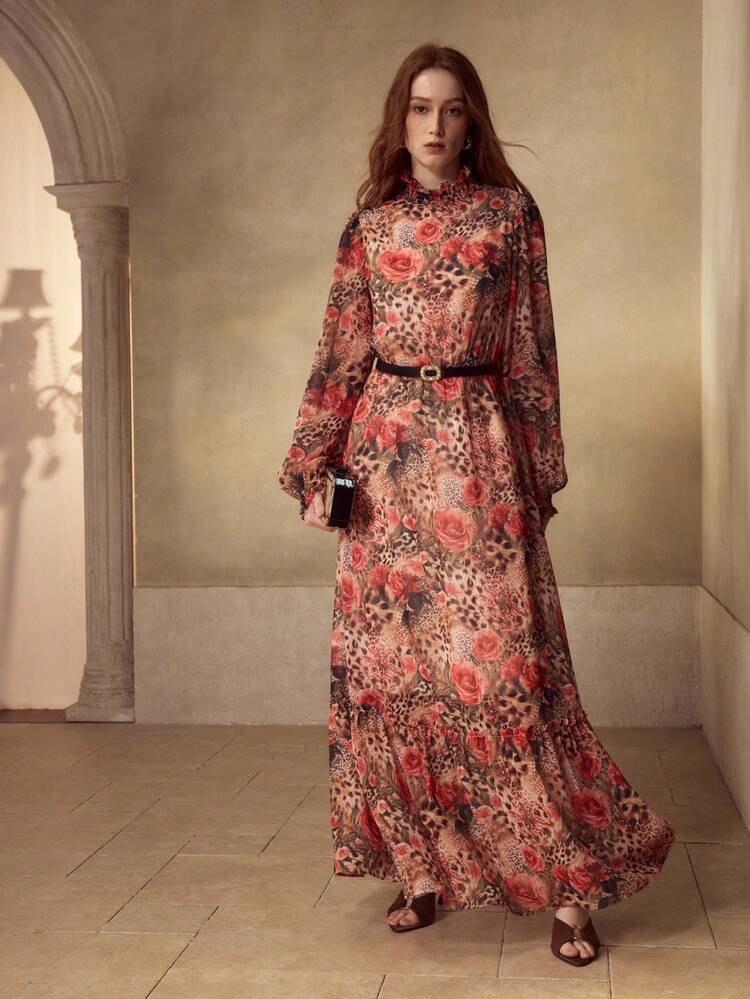 WOMEN'S ROSE & LEOPARD PRINT ELEGANT DRESS WITH FAUX PEARL BELT, SUITABLE FOR VACATION