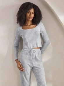 Ocili 女士纯色上衣和裤子家居服套装，休闲舒适，腋下有条纹，灰色圆领，适合秋冬季穿着。 - 淺灰色 - 查看 5