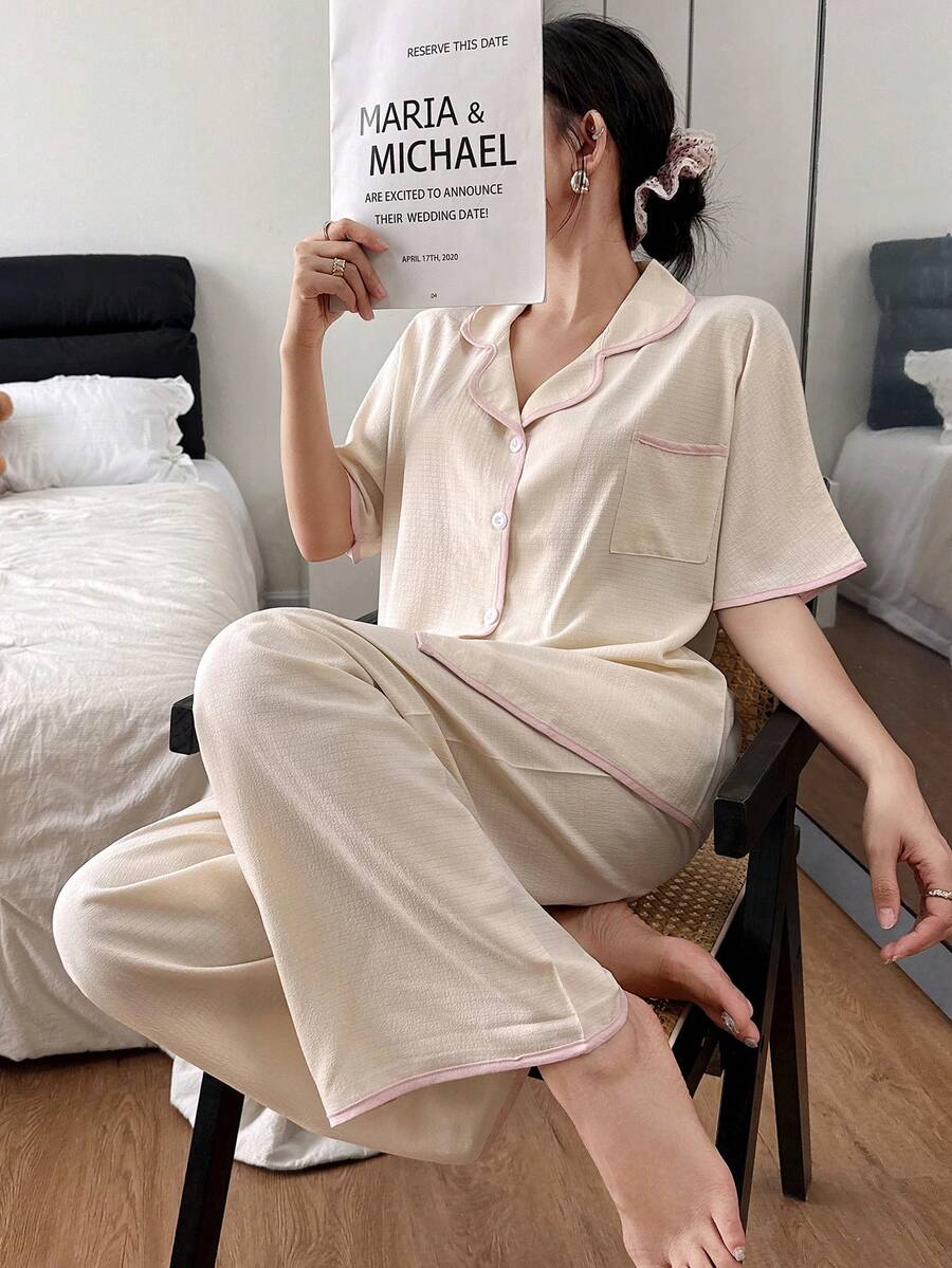 SHEIN 撞色翻领休闲宽松短袖睡衣套装 - 米色 - 查看 1