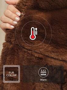 Anewsta Women's Faux Fur Collar Zip-Up Long Casual Urban Fashionable Jacket, Autumn/Winter - Brown - View 9