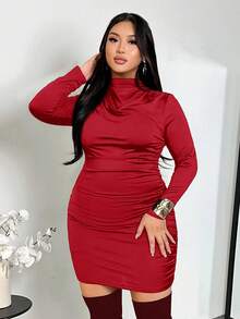 Firerie Plus Size Red Autumn Classy Satin Party Dress, Long Sleeve Ruched Bodycon Mini Dress,Elegant Curvy Fitted Mermaid Style Gala Wedding Valentine's - Red - View 6