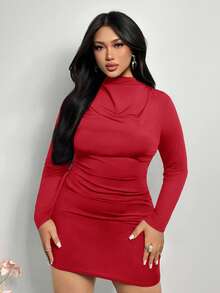 Firerie Plus Size Red Autumn Classy Satin Party Dress, Long Sleeve Ruched Bodycon Mini Dress,Elegant Curvy Fitted Mermaid Style Gala Wedding Valentine's - Red - View 8