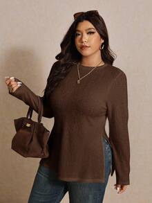 Elaquor Plus Size Women's Solid Color Round Neck Casual Side Slit Long Sleeve T-Shirt Brown - Coffee Brown - View 5