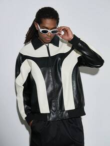 Modcrash 男士双色拉链PU皮夹克 - 黑與白 - 查看 7