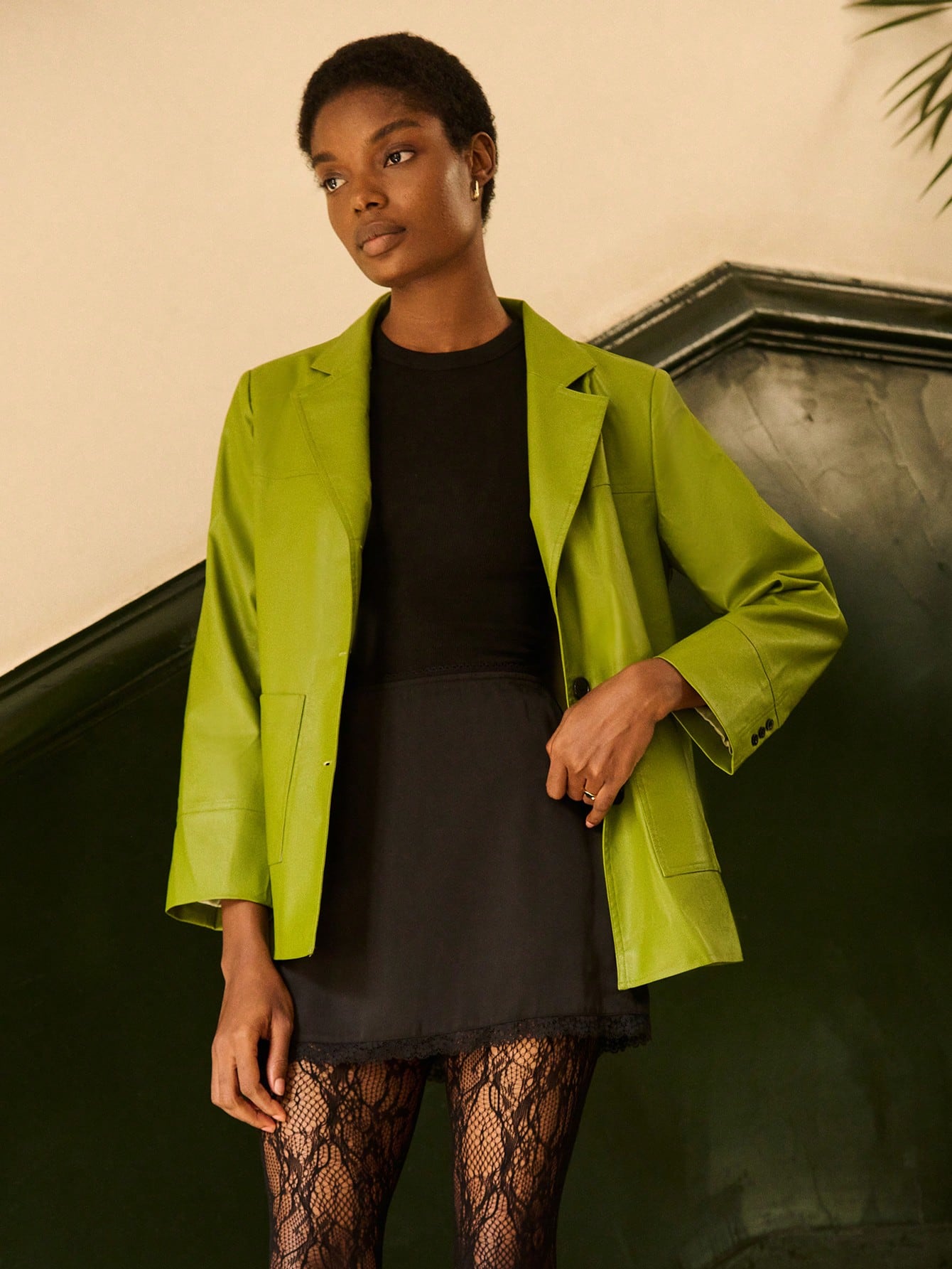 Blazer  peau  verte avec boutons devant, style vintage pour l'automne et l'hiver