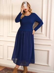 Rosumi Plus Size Solid Color Long Sleeve Casual Dress,Autumn Women Elegant Formal Navy Blue Party Dresses For New Year Christmas Winter Clothing Collection - Blue - View 4