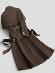 GlowEve 女士优雅束腰裹身大衣，简约纯色长袖超长开衫，适合外出，秋冬季 - 棕色 - 查看 2