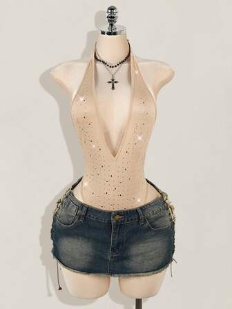 SHEIN ICON Rhinestone Embellished Deep V-Neck Halter High Slit Backless Bodysuit For Women