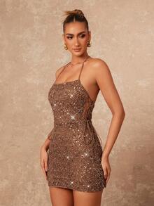 Lumalex Silver Sequin,Summer,70s Retro,Night Out,Party Women's Beaded Spaghetti Strap Bodycon Mini Dress,Bling Rhinestone Brown Rose Gold Formal Prom Banquet - Khaki - View 5