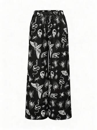 Goth Women's Elastic Waist Loose Wide-Leg Pants With Dark Moth Printed Pattern, Halloween