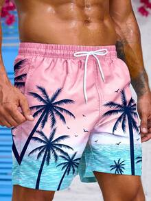 Surfspeed Shorts de playa de verano con cordón y estampado de plantas tropicales para hombre, hawaiano - Rosa - Ver 3
