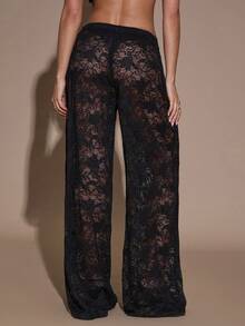 SHEIN BAE 女式纯色蕾丝拼布裤 - 黑色 - 查看 2