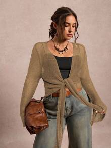 Freevana 大码纯色扭纹前透休闲时尚长袖开衫 - 杏色 - 查看 5