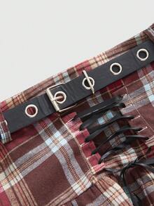 ROMWE Grunge Punk Falda plisada de línea A con parches de encaje a cuadros y lazo para mujer - Rojo - Ver 3